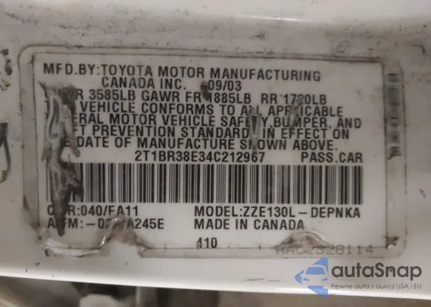 2004 Toyota Corolla Le z USA, uszkodzony, nr VIN 2T1BR38E34C212967